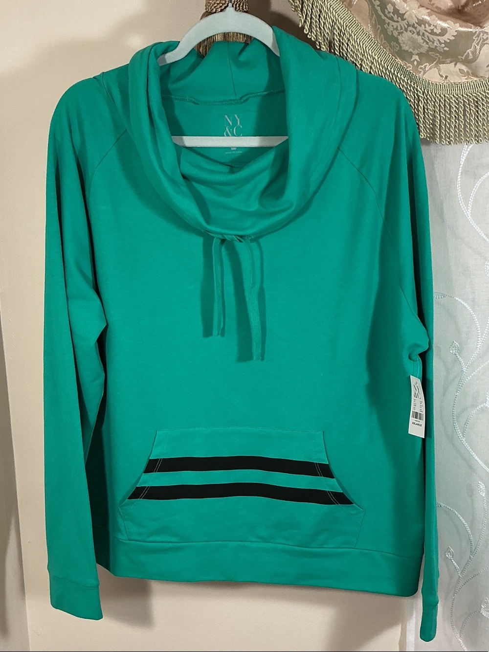 NWT New York & Co Teal Cowl-Neck Pullover Hoodie with Black Stripe Pocket Sz L